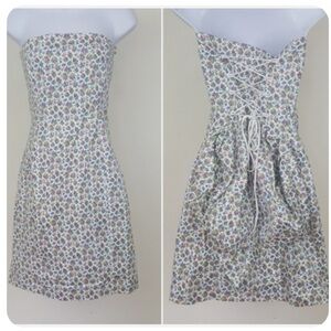 Vintage Betsey Johnson White Blue Floral Strapless Liberty Bustle Corset Dress